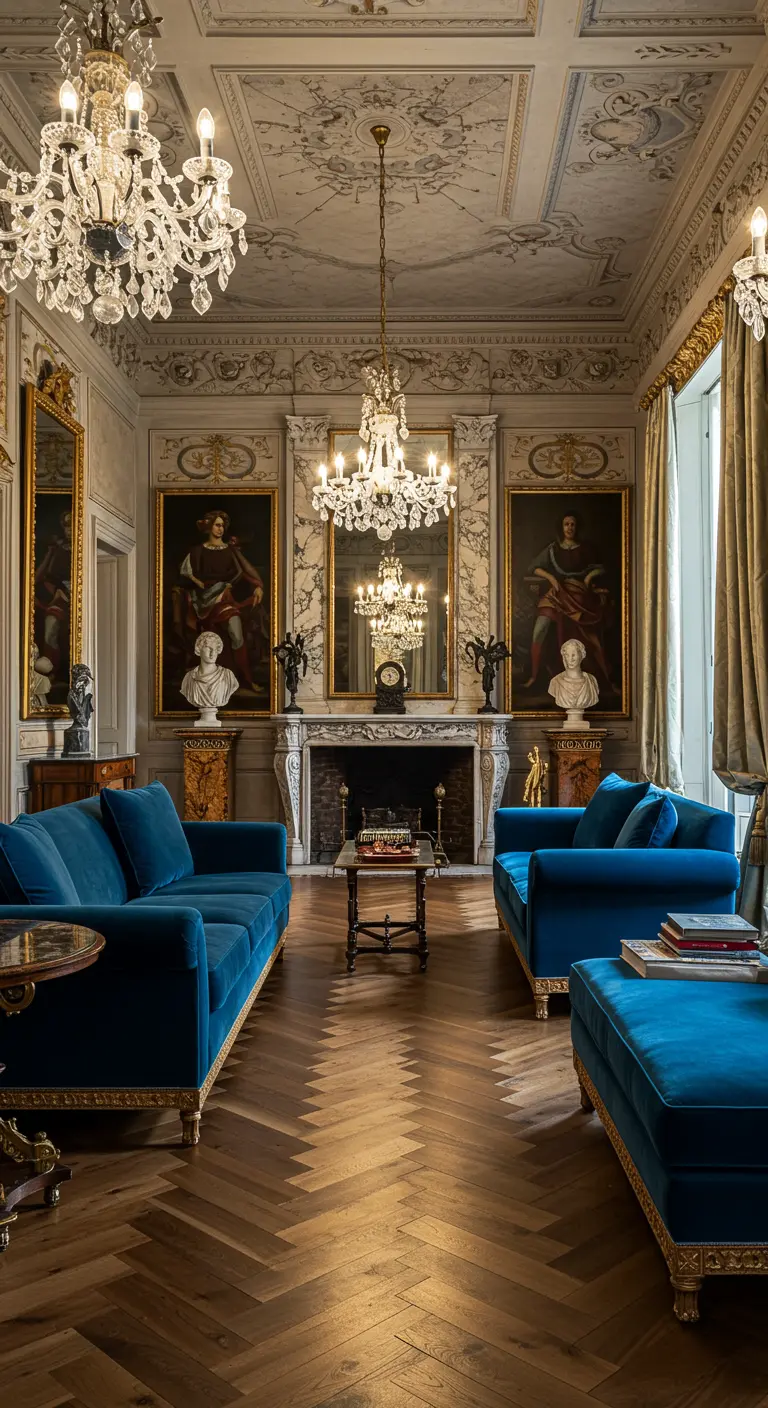 Luxe woonkamer met donkerblauwe fluwelen banken, gouden accenten en klassieke kunst.
