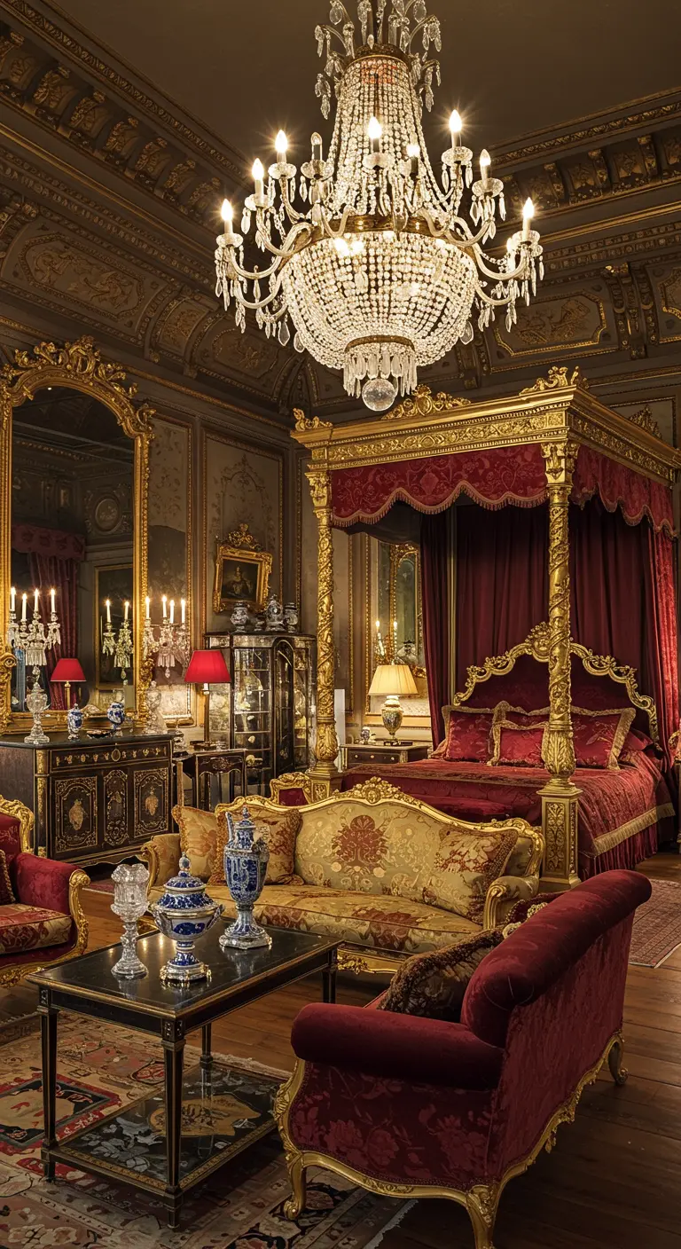 Barokke slaapkamer in rood en goud met een vierposterbed, open haard en grote kristallen kroonluchter.