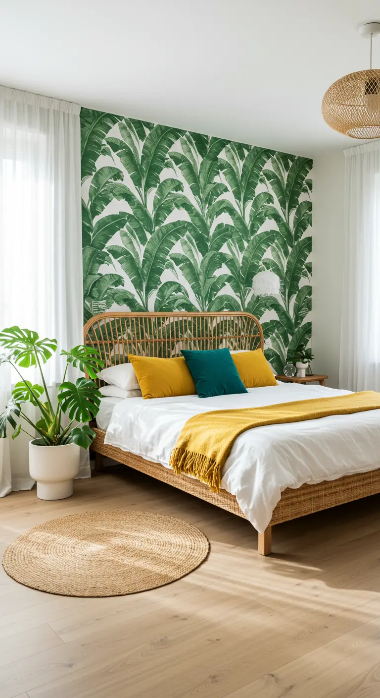 Lichte slaapkamer met bananenblad-behang, een rotan bed en een jute vloerkleed.