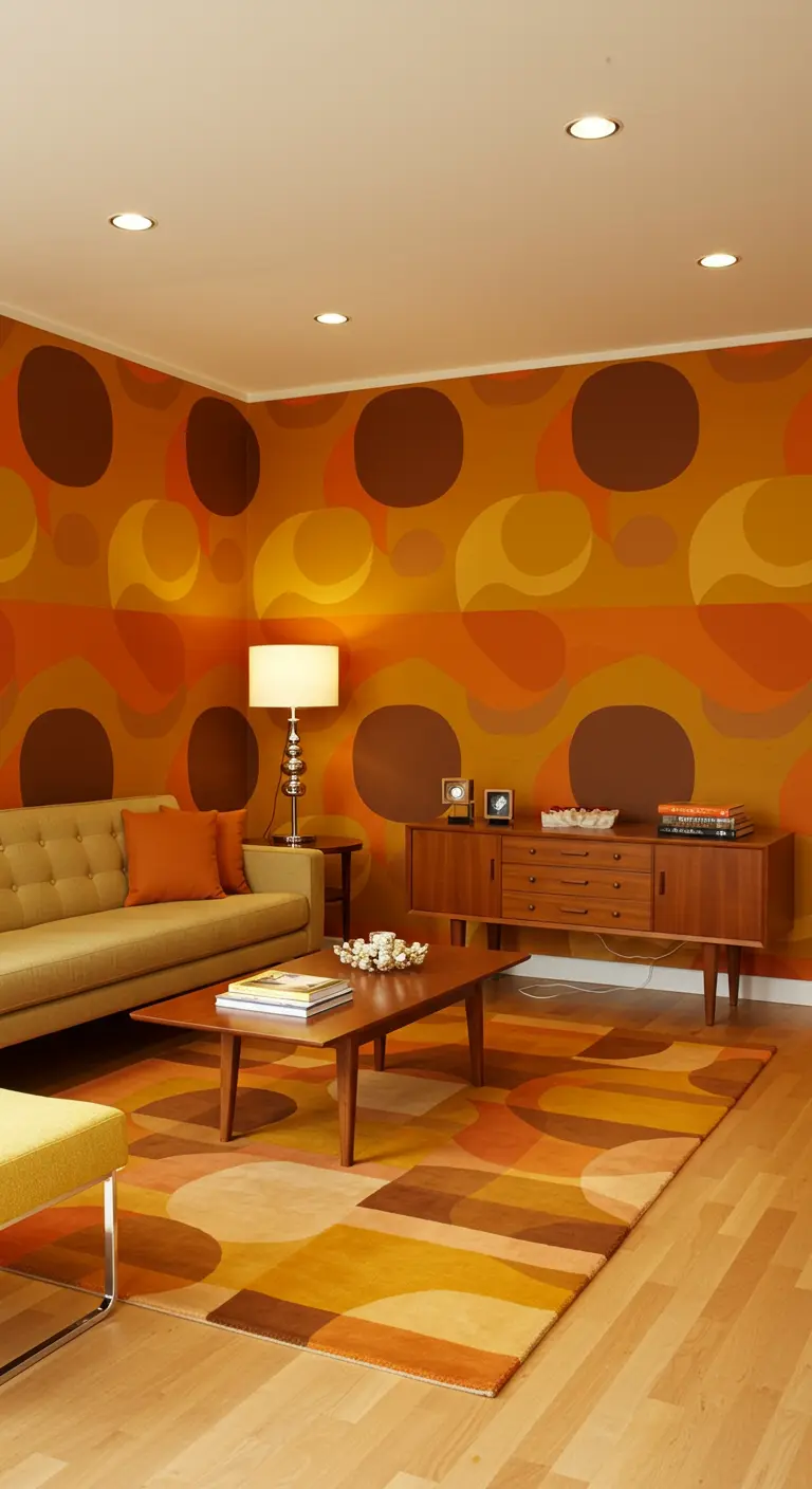 Woonkamer met opvallend oranje geometrisch behang, olijfgroene bank en walnoot houten dressoir.