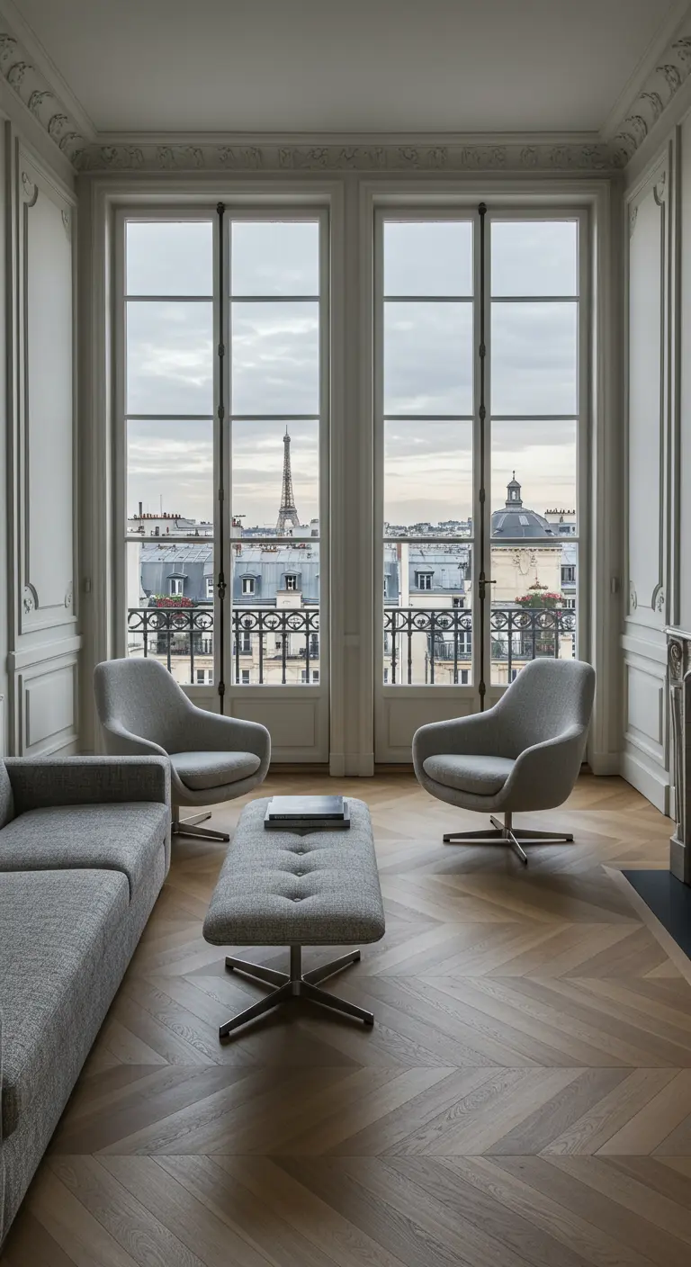 Woonkamer met uitzicht op de Eiffeltoren, minimalistische grijze meubels
