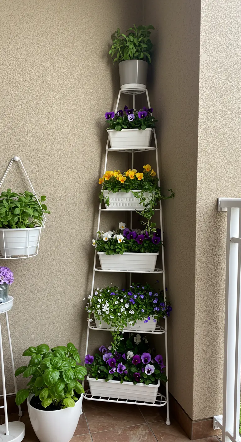 Witte metalen hoek-etagère gevuld met bloeiende violen en groene planten.