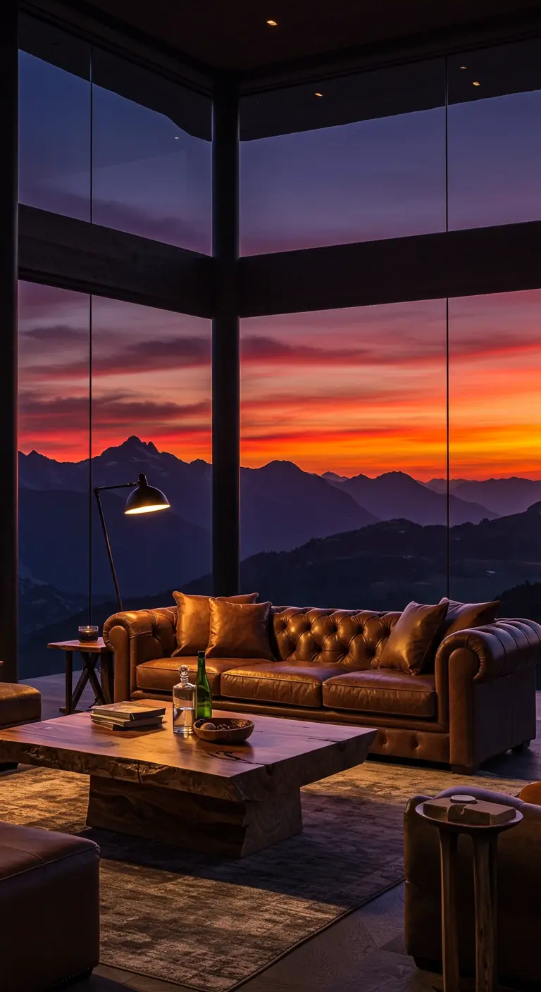 Moderne woonkamer met glazen wanden, uitzicht op bergzonsondergang, bruine leren bank.