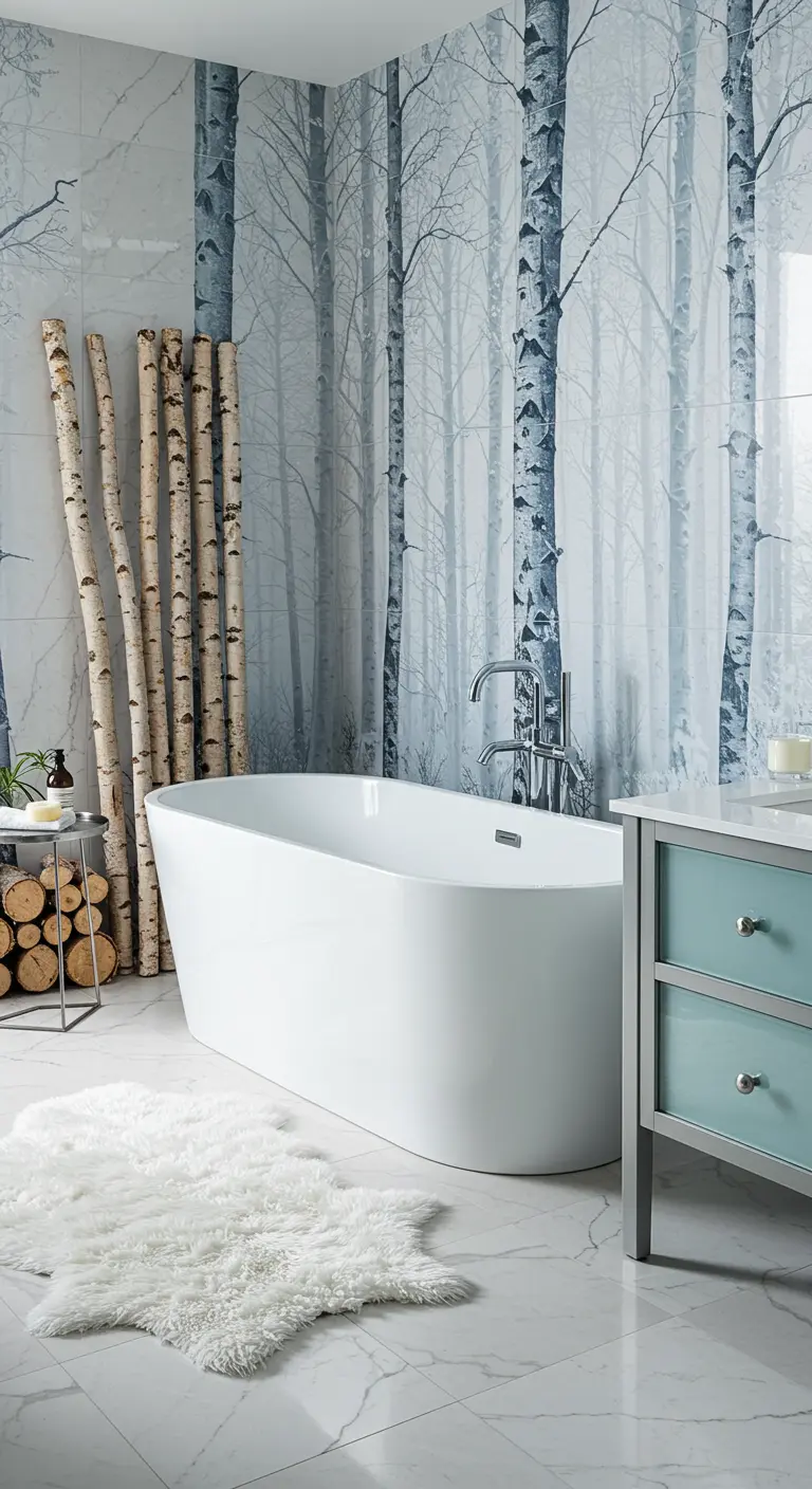 Badkamer met berkenbosbehang, een vrijstaand bad en een decoratieve bundel echte berkenstammen.