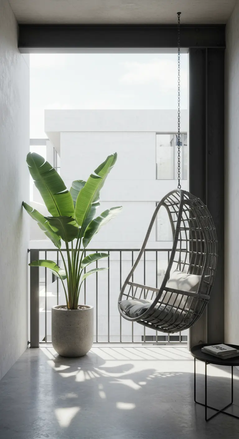 Donkergrijze rotan hangstoel op een smal betonnen balkon naast een grote bananenplant in een betonnen pot.