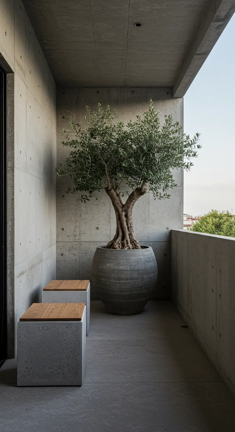 Minimalistisch balkon met betonnen muren, een grote olijfboom en twee betonnen krukjes met houten zitting.