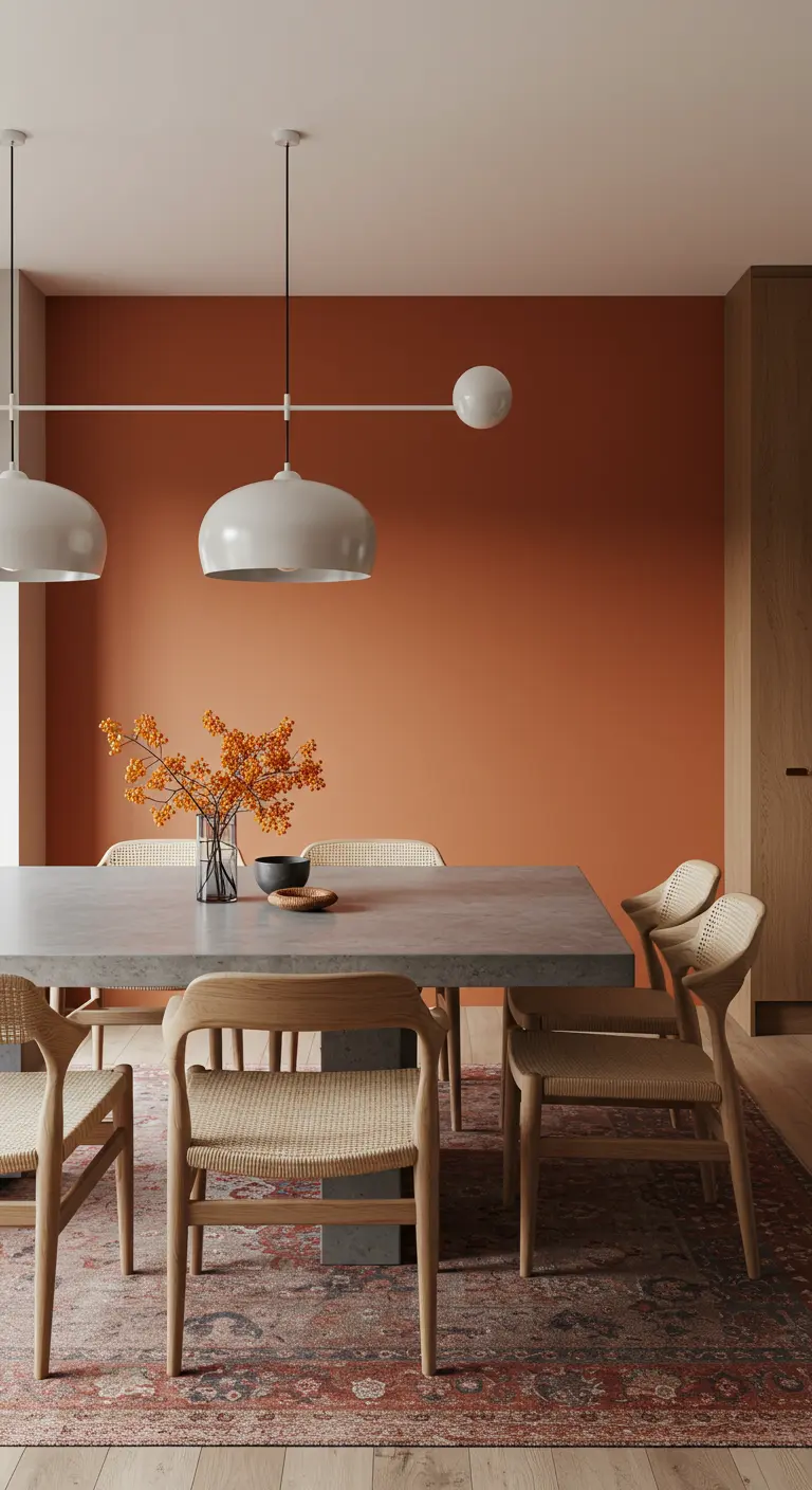 Moderne eetkamer met betonnen tafel, houten stoelen en een terracotta accentmuur.