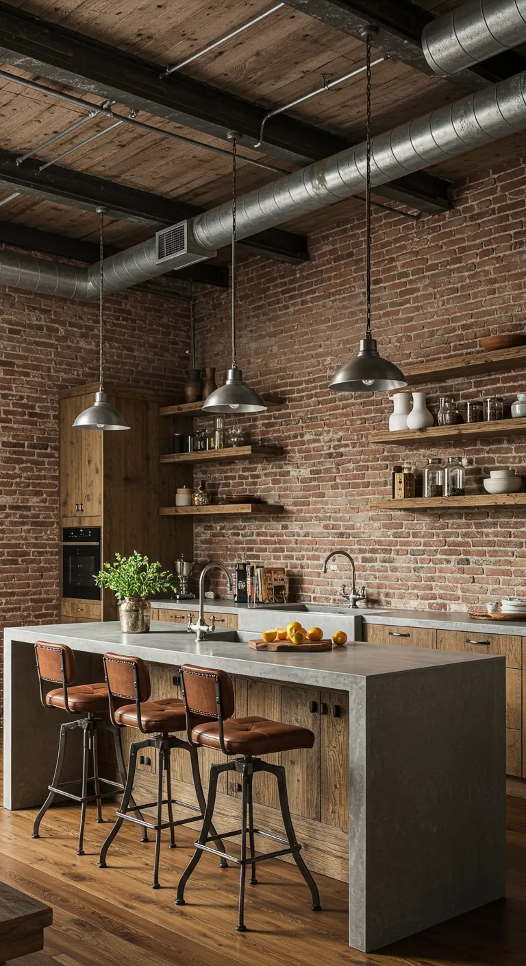 Industriële keuken met betonnen eiland, houten kasten en leren barkrukken.