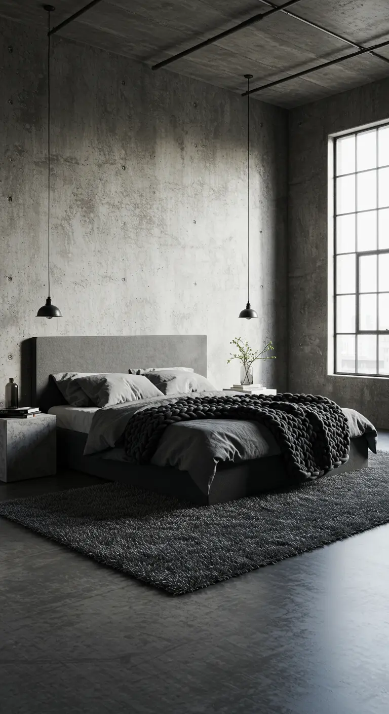 Industriële slaapkamer met betonnen muren en een donkergrijs bed met een grofgebreid deken.