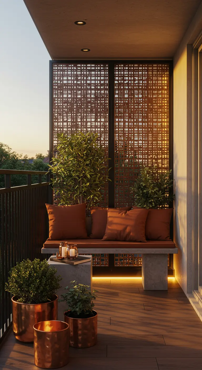 Modern balkon met betonnen bank, koperen plantenpotten en een houten privacyscherm.