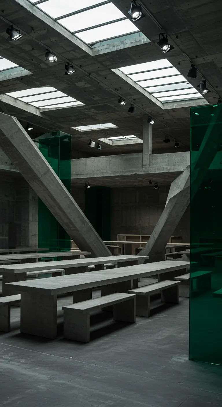 Grote industriële hal met betonnen pilaren en lange, rechthoekige tafels, geaccentueerd door smaragdgroene glazen panelen.
