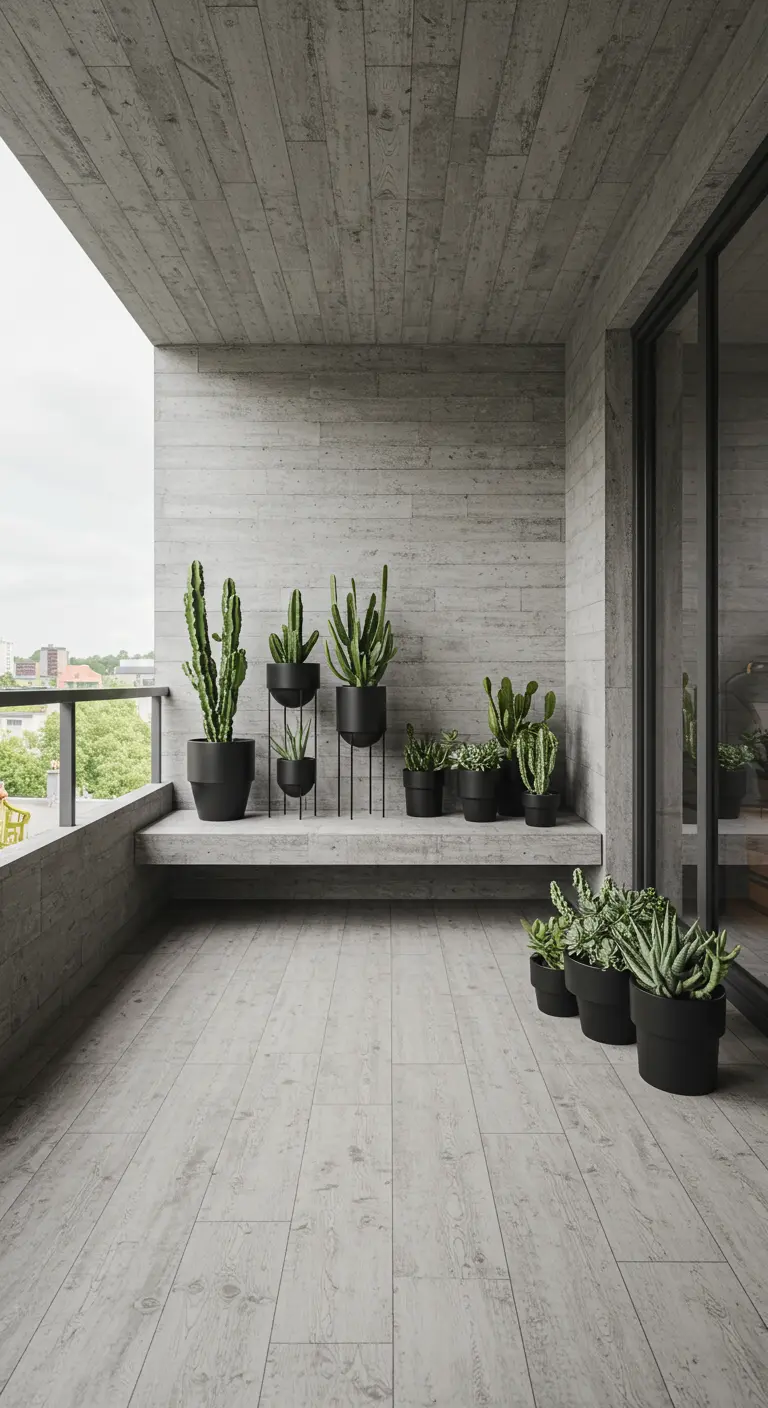Balkon met betonnen muren en vloer met houtlook, met cactussen in zwarte potten.