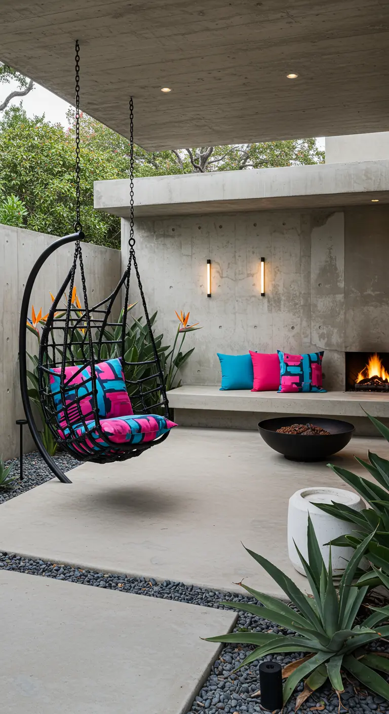 Zwarte hangstoel met felle roze en turquoise kussens in een moderne betonnen patio met een vuurkorf.