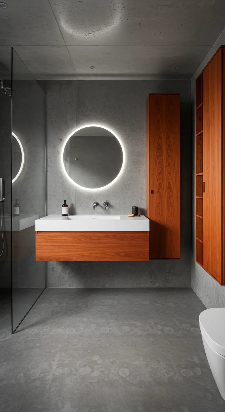 Badkamer met betonlook muren, warm houten meubel en een ronde verlichte spiegel.