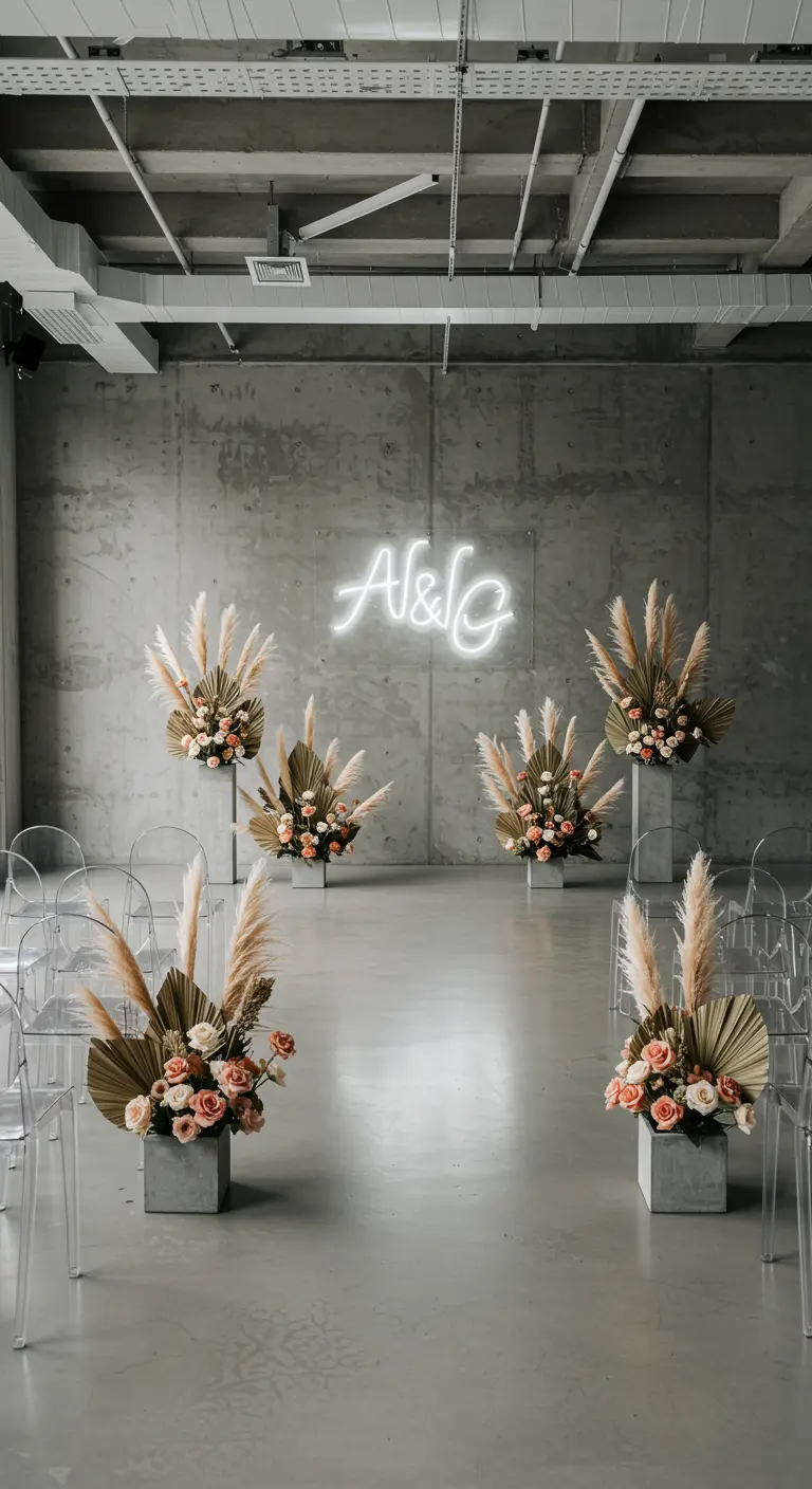 Moderne ceremonie-setting met neon-bord, pampasgras en doorzichtige stoelen.