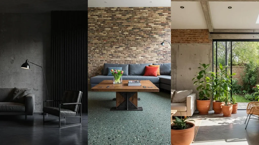 Drie industriële woonkamers met betonmuren, bakstenen wanden en stalen meubels.