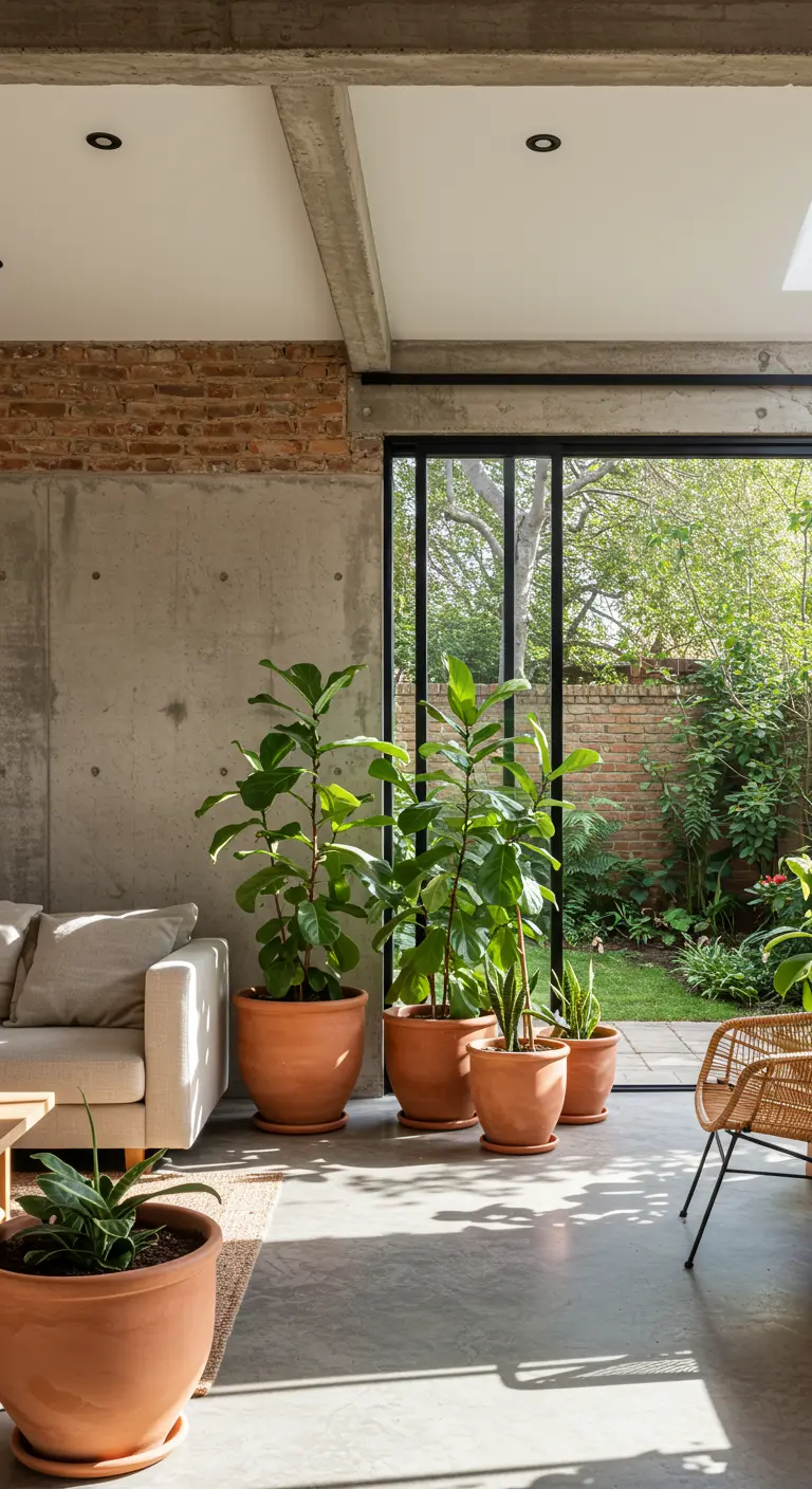 Woonkamer met betonnen muur en een groep grote planten in terracotta potten.