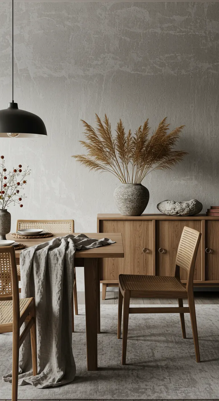 Japandi eetkamer met betonlook muur, rotan stoelen en pampasgras in een stenen vaas.