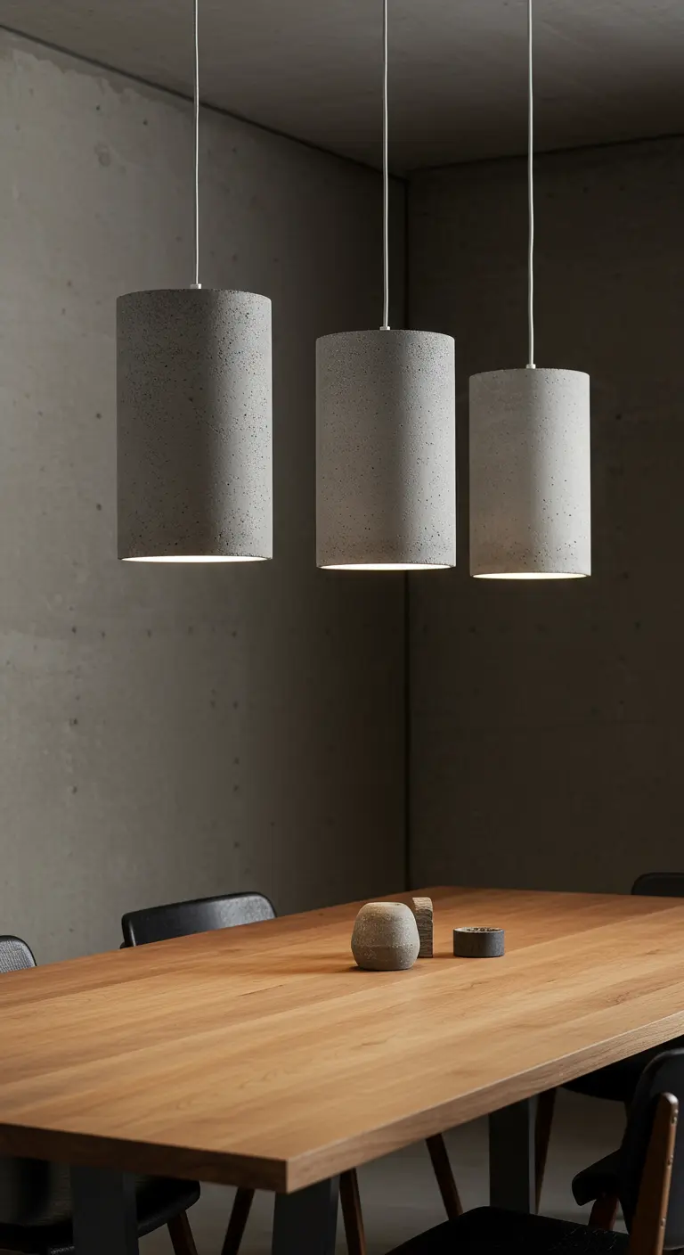 Drie hanglampen met een cilindrische betonlook kap boven een massief houten eettafel.