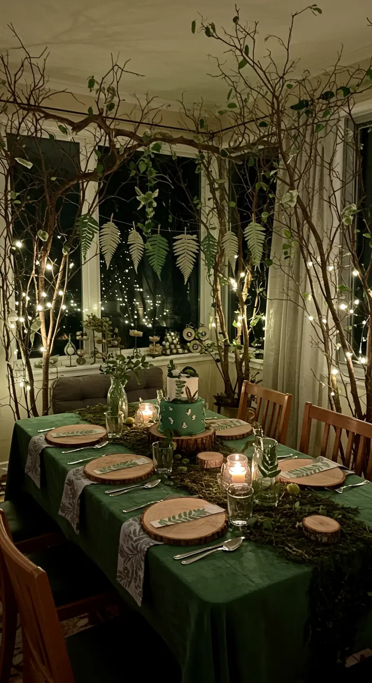 Eettafel omringd door grote takken met lichtjes voor een bos-sfeer.
