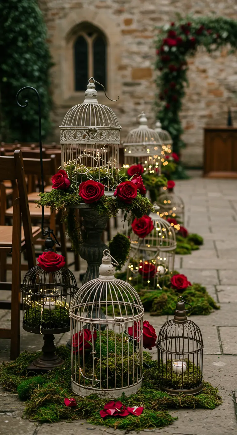 Ceremoniepad versierd met vintage vogelkooien, mos, rode rozen en twinkelende lichtjes.