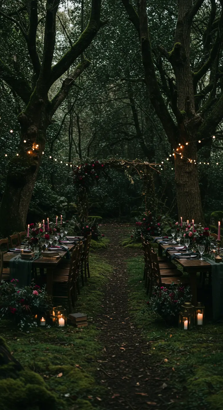 Donker bos met lange houten tafels, donkere tafelkleden, rode bloemen en veel kaarsen.