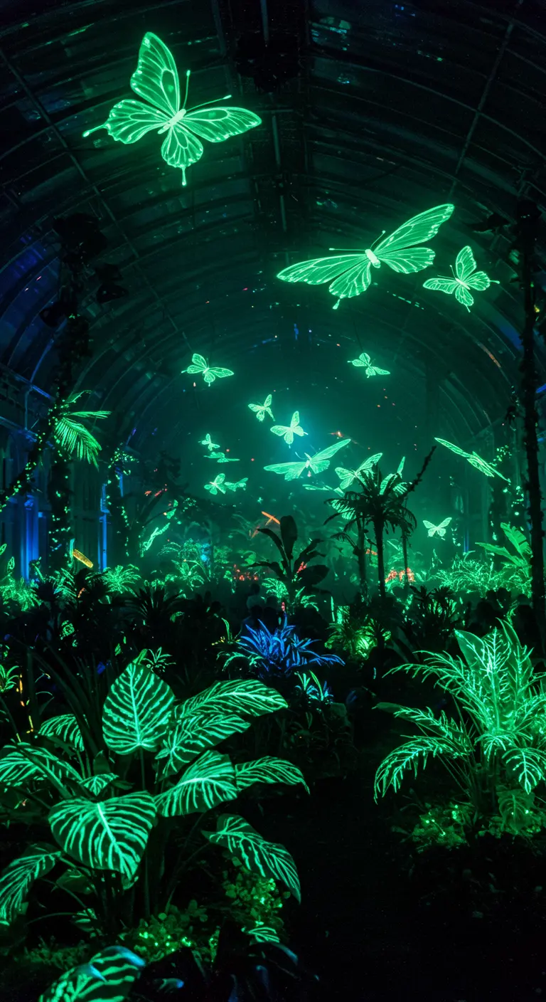 Donkere kas vol planten en oplichtende groene vlinders.