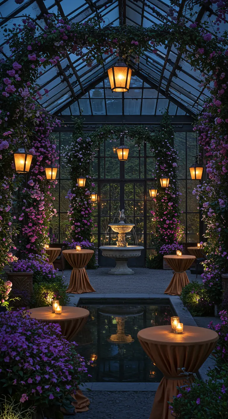 Sfeervolle serre bij nacht met paarse bloemen, een fontein en hangende lantaarns.