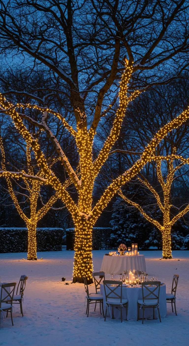 Bomen in een besneeuwde tuin, volledig omwikkeld met warme sprookjesverlichting.