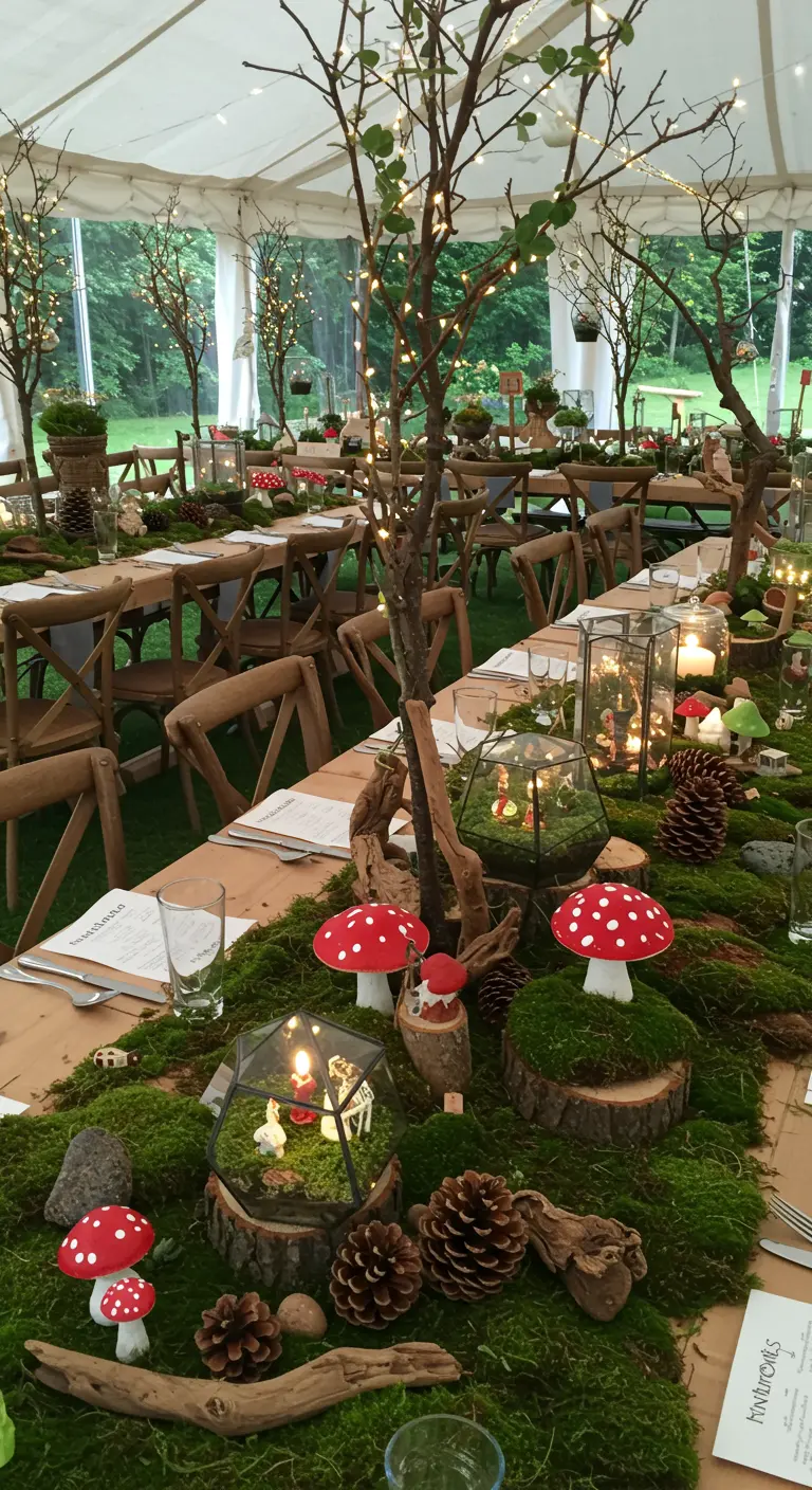 Lange dinertafel gedecoreerd als een bos met mos, takken, dennenappels en paddenstoelen.