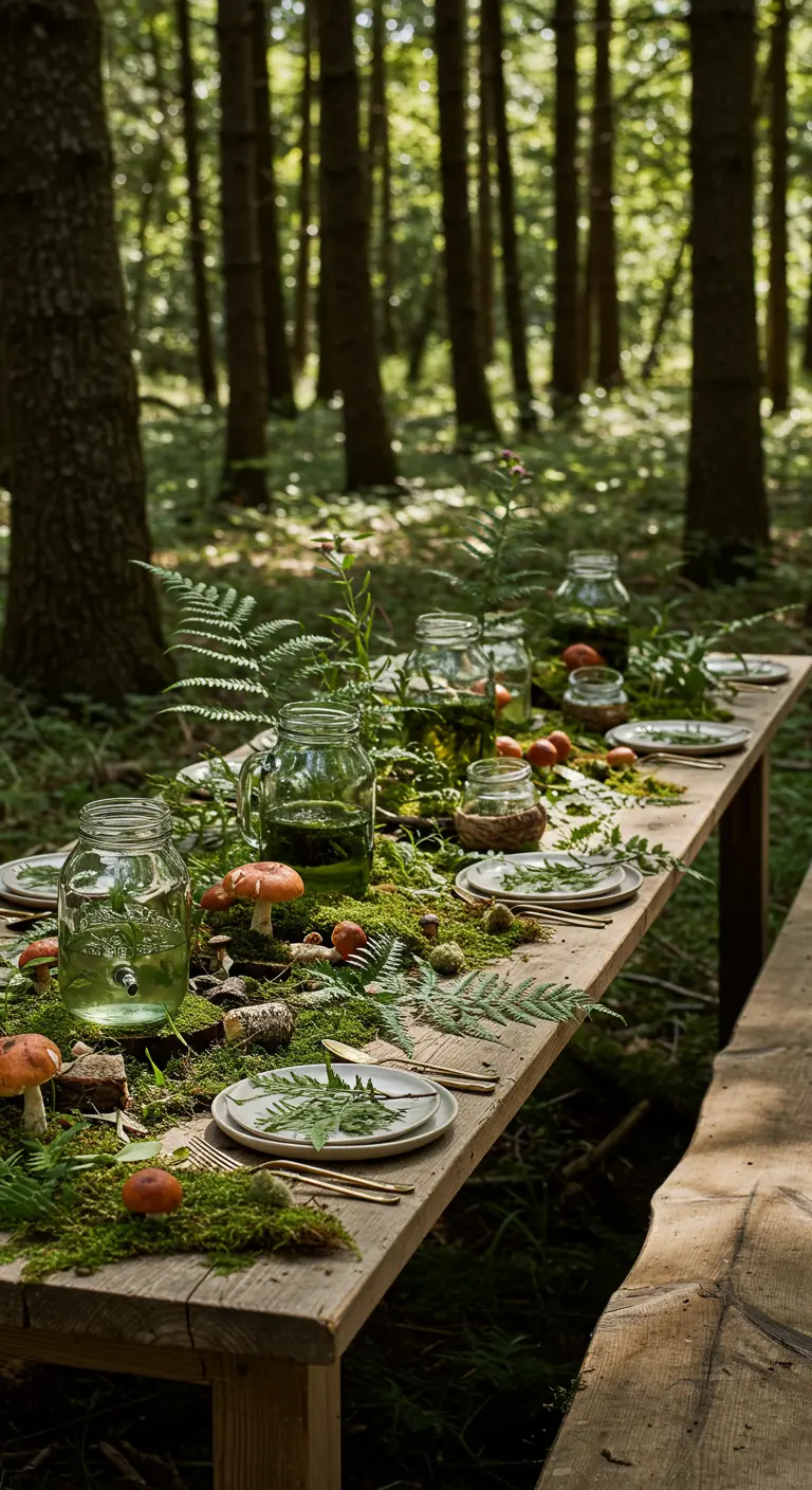 Lange houten tafel in een bos met mos, varens, paddenstoelen en mason jars als decoratie.