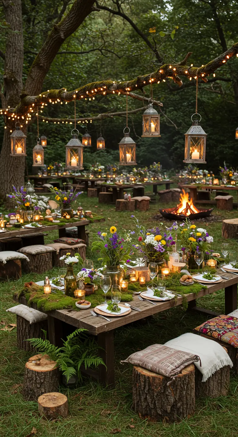 Betoverend bosfeest met houten tafels, boomstronken, lantaarns, lichtjes en een kampvuur.