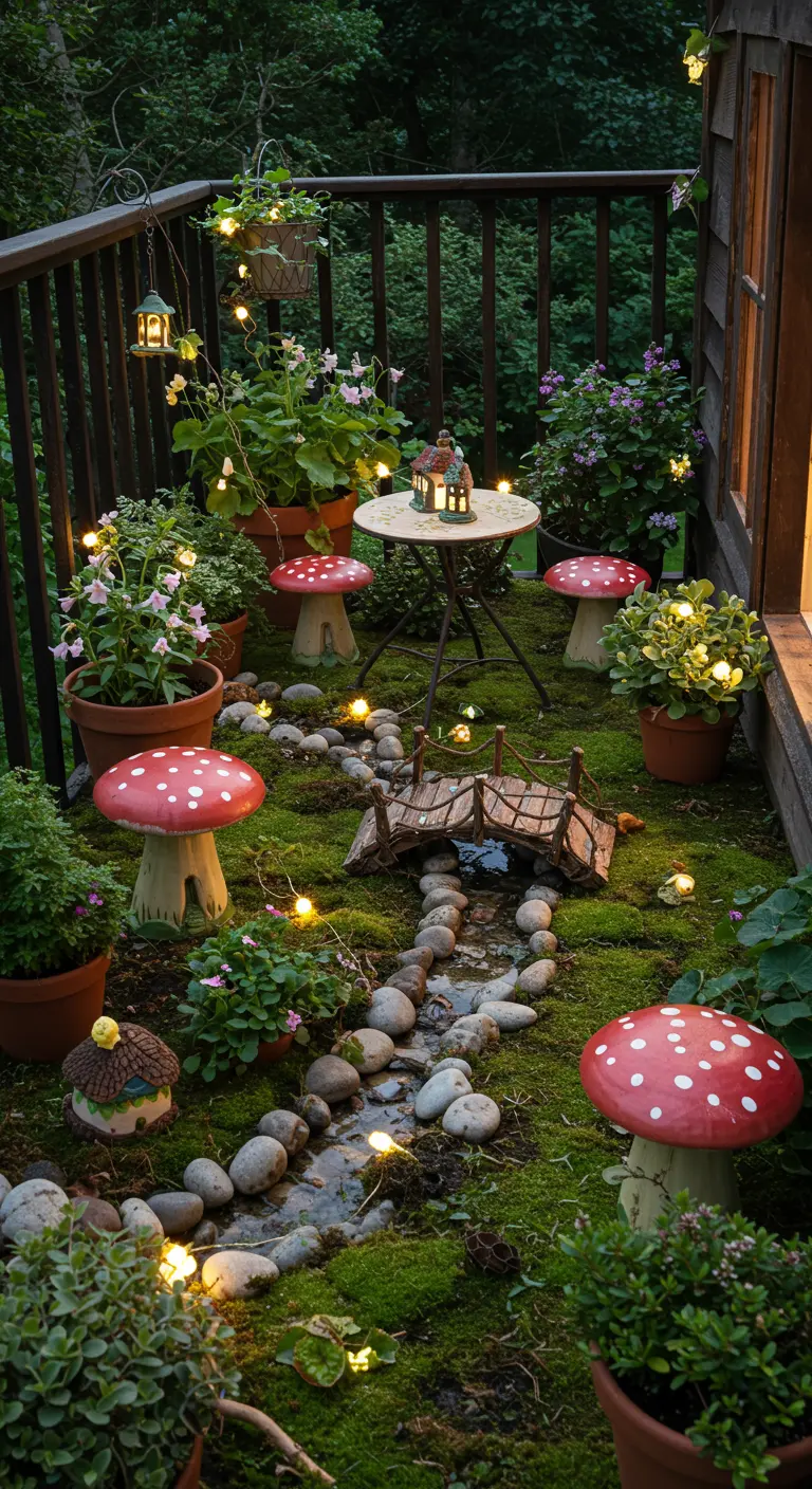 Balkon als sprookjesbos met mos, kiezels, paddenstoelen en sprookjeslampjes.