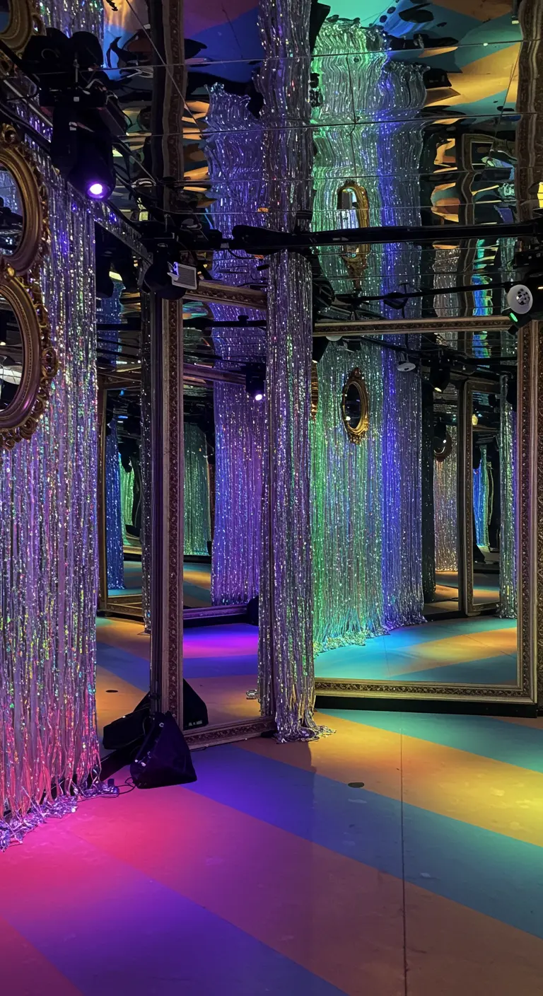 Spiegeldoolhof met glittergordijnen en gekleurde verlichting op de vloer.