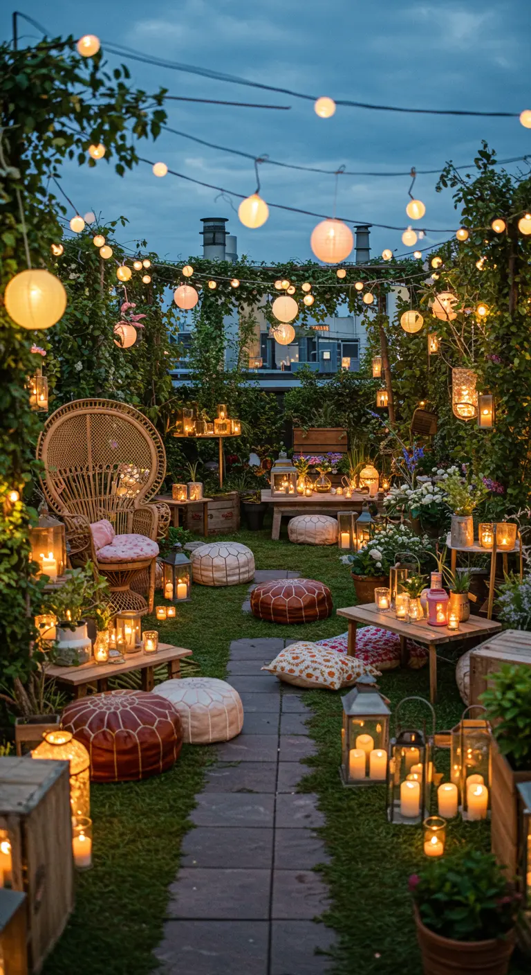 Tuinpad met veel planten, hangende lantaarns, lichtslingers, poefs en sfeervol kaarslicht.