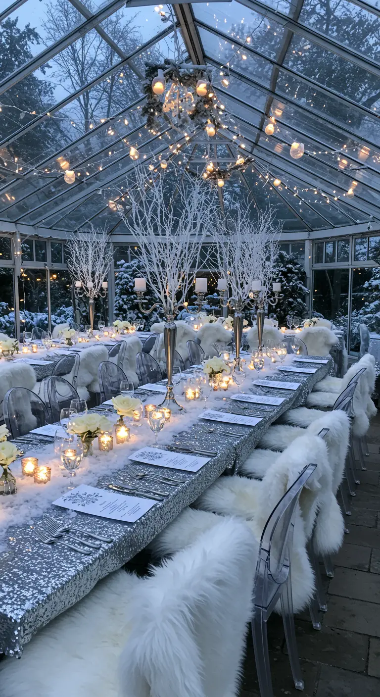 Winter wedding in glasshouse with silver runner, faux fur chairs, white branches, and many candles.
