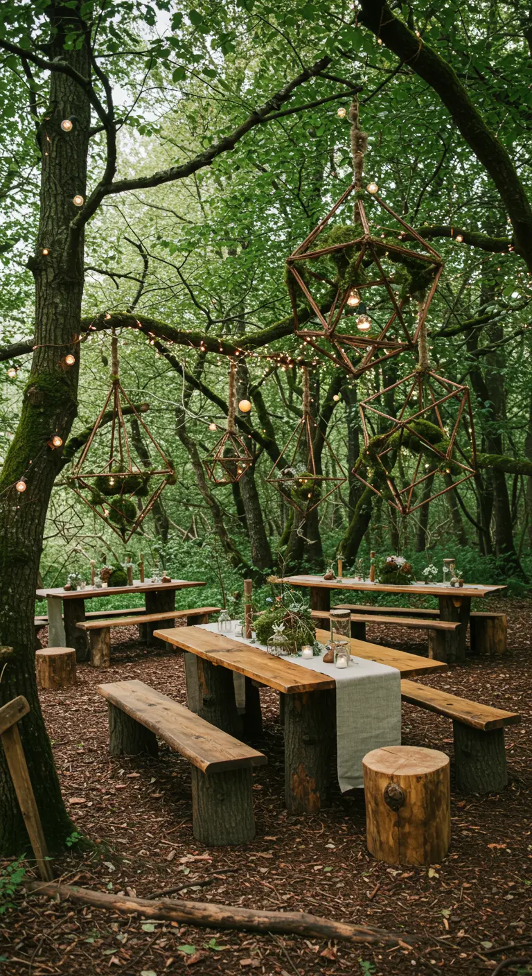 Boszitting met houten tafels en banken, versierd met hangende geometrische lantaarns van draad en mos met lichtjes.