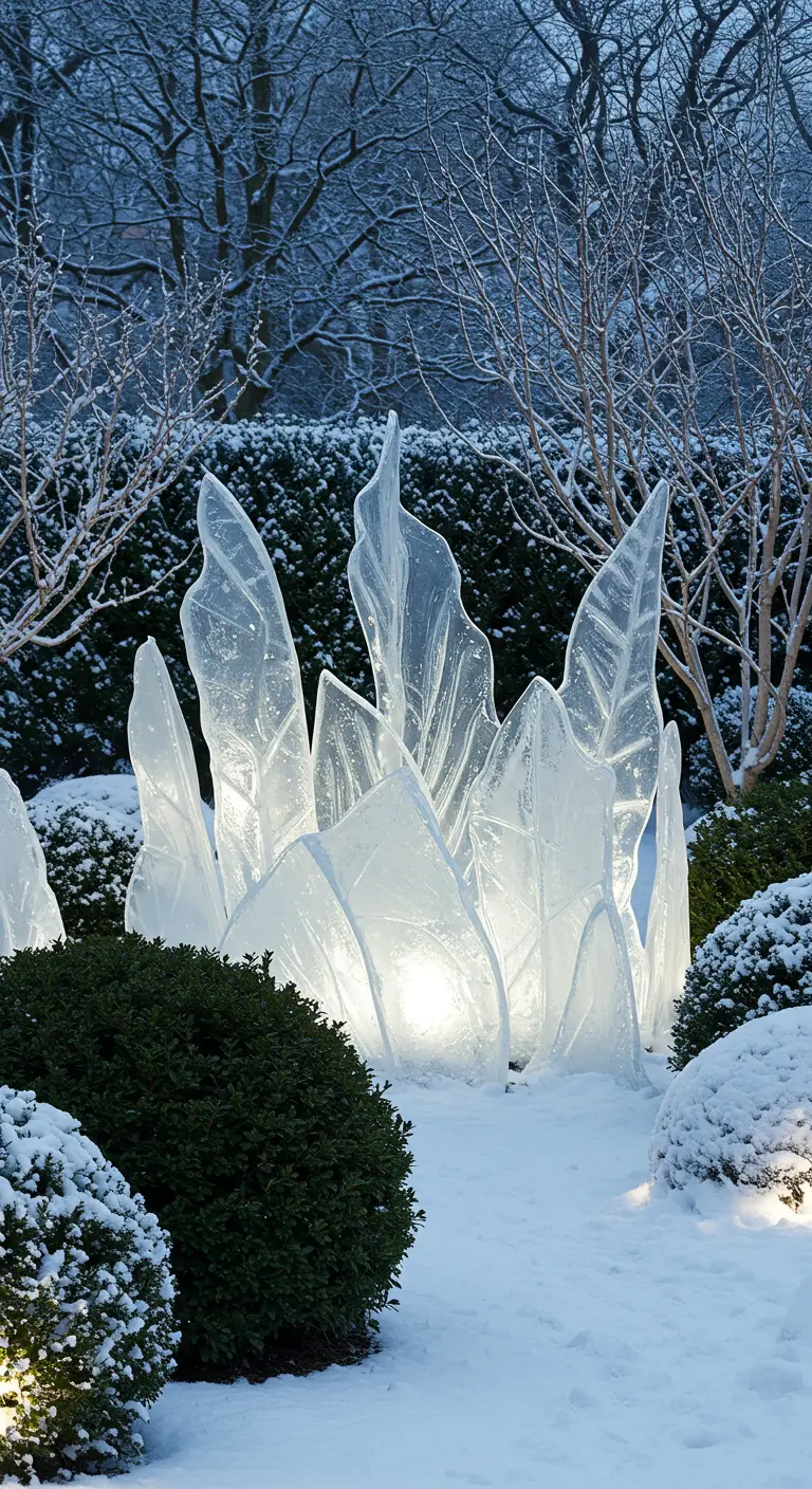 Wintertuin bedekt met sneeuw, verlicht door abstracte, lichtgevende ijssculpturen die lijken op grote glazen bladeren.