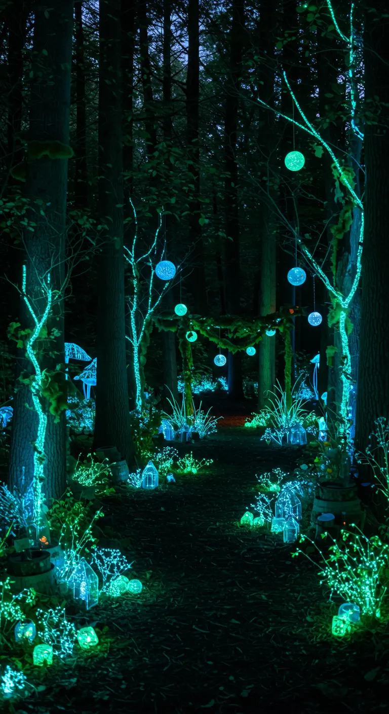 Bosrijk pad verlicht met blauw-groene sfeerlichten, hangende bollen en kleine lichtobjecten.