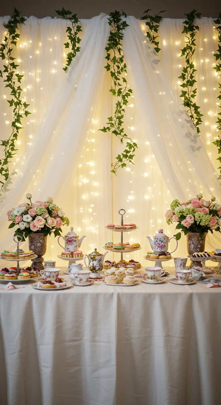 Doorzichtige witte gordijnen met lichtjes en klimop achter een high tea tafel.