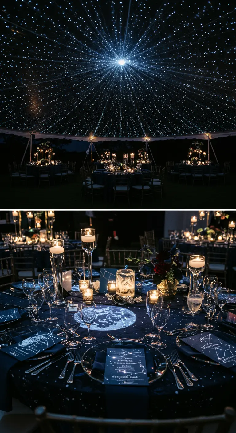Starry night wedding table with dark blue tablecloths, star patterns, tall candles, and glass centerpieces.