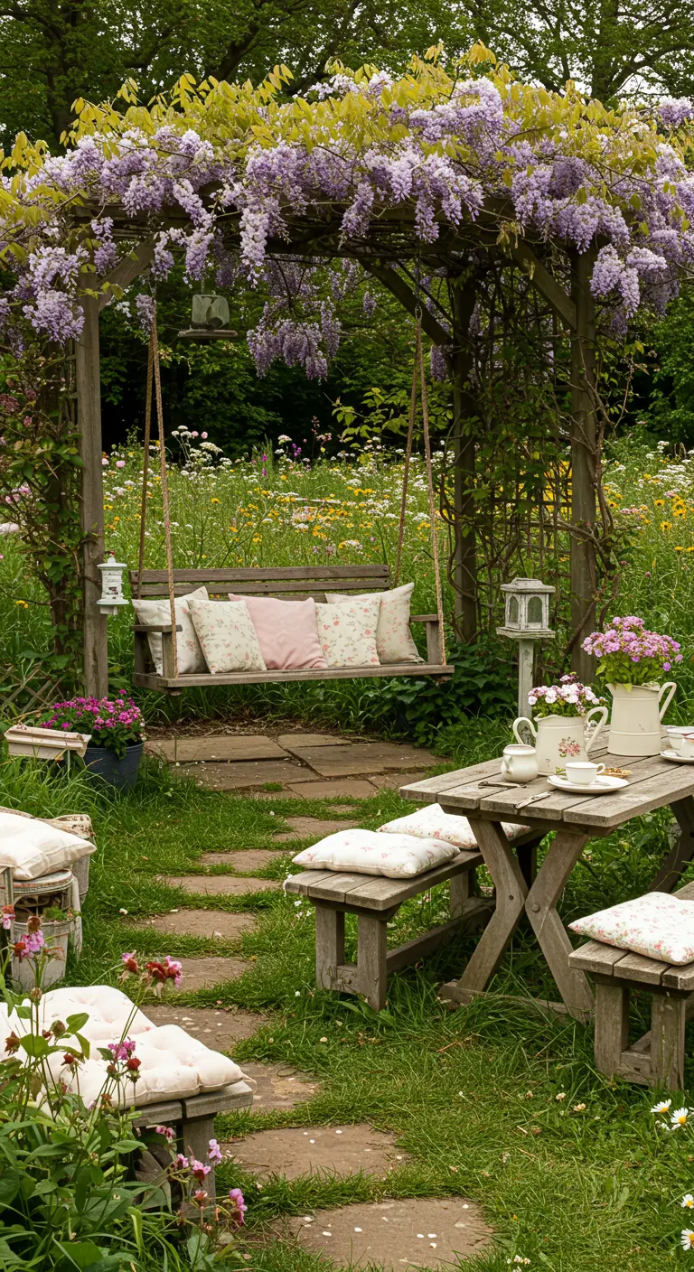 Cottage tuin met houten schommelbank onder blauwe regen pergola, rustieke tafel en bloemige kussens.