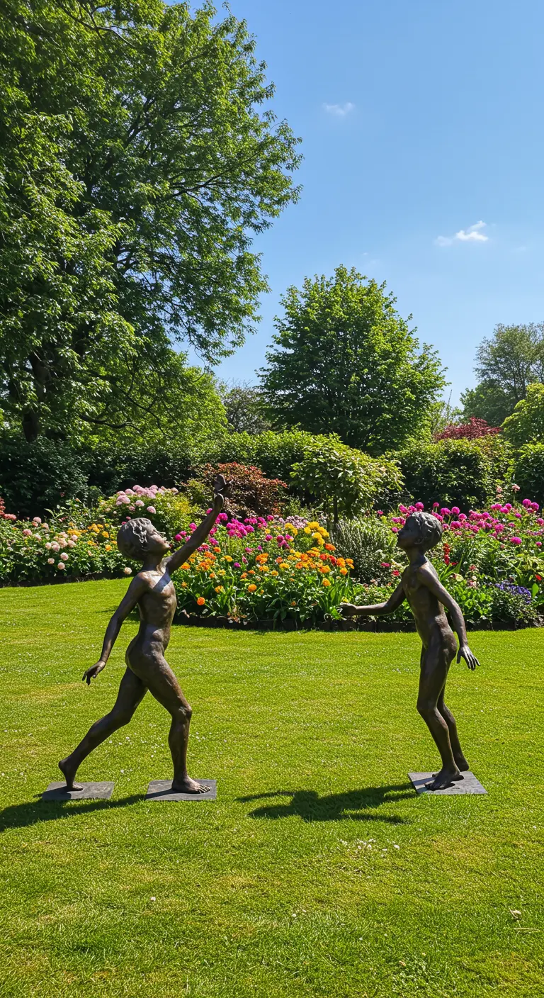 Bronzen beelden van twee spelende kinderen op een groot, groen gazon met bloemen.