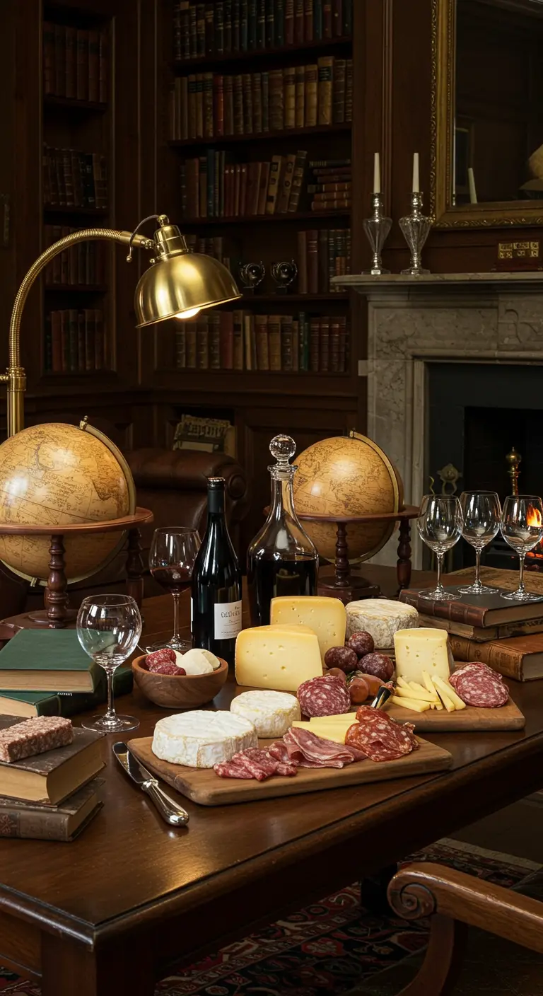 Studeerkamer met boekenplanken, leren stoel, bureau met kaas, wijn en globes.