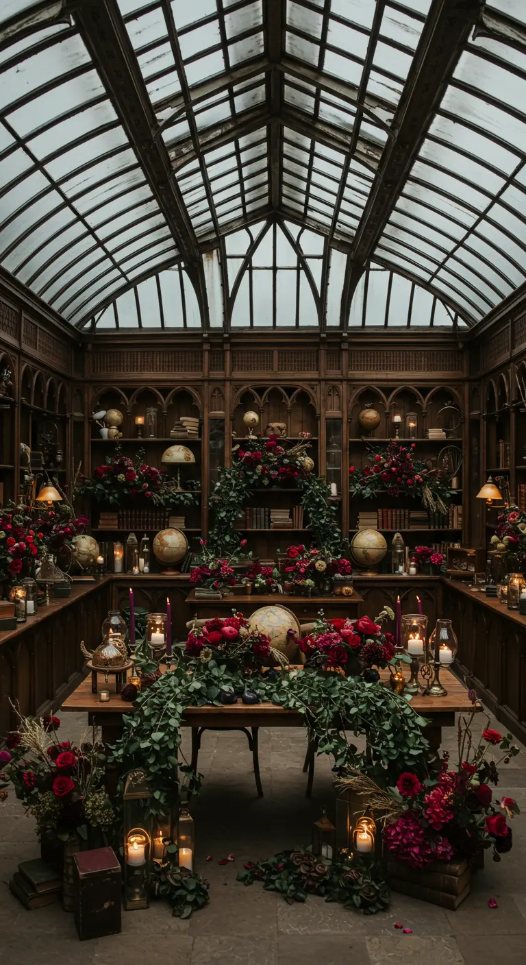 Bibliotheek bruiloftsdecoratie met rode en groene bloemen, globes en kaarsen.