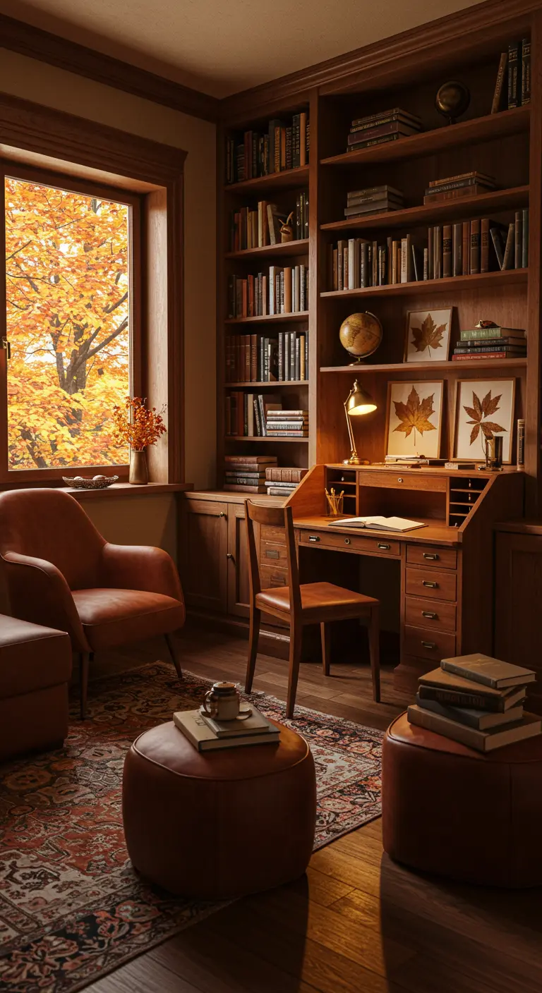 Klassieke bibliotheek met houten boekenkasten, oranje leren stoel, bureau, herfstdecoraties.