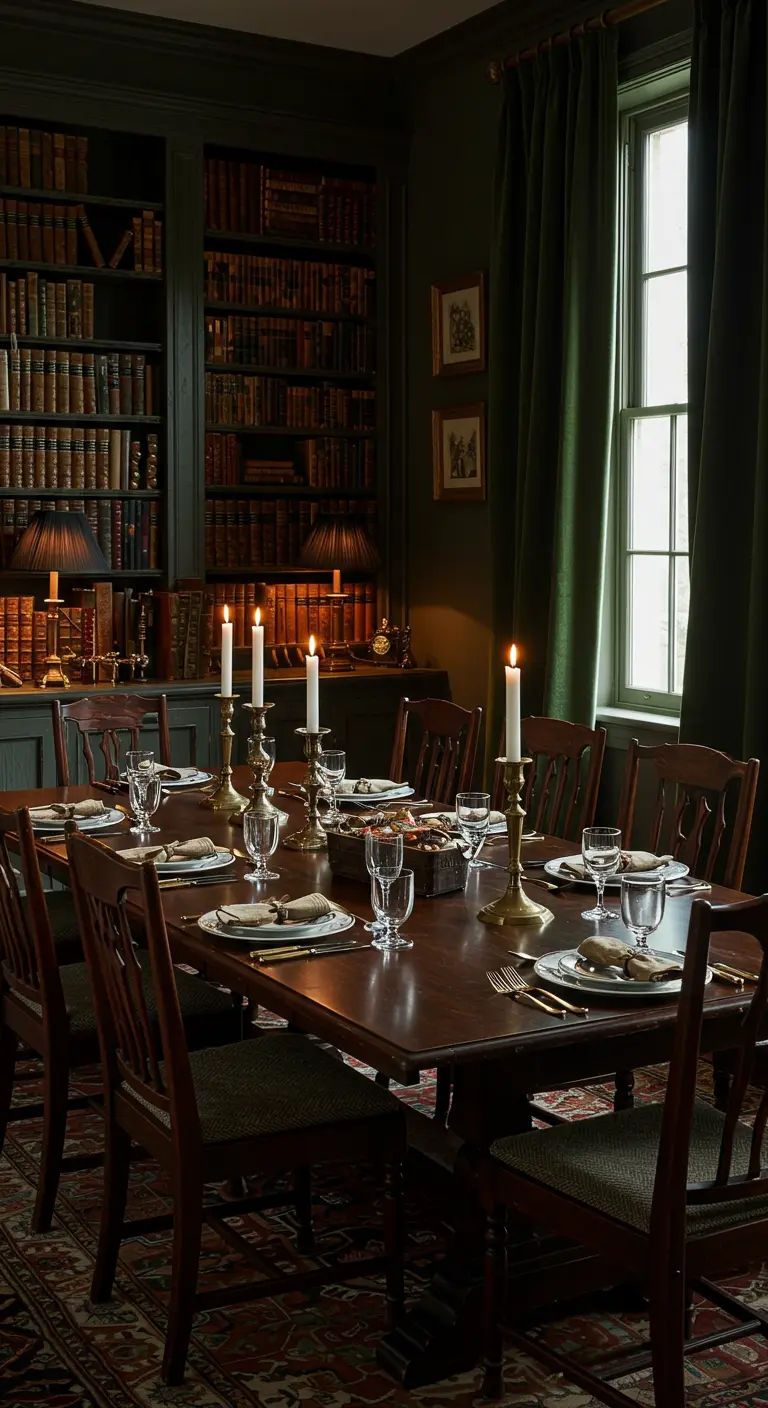 Chique diner in een donkere bibliotheek met hoge kandelaars en houten meubels.