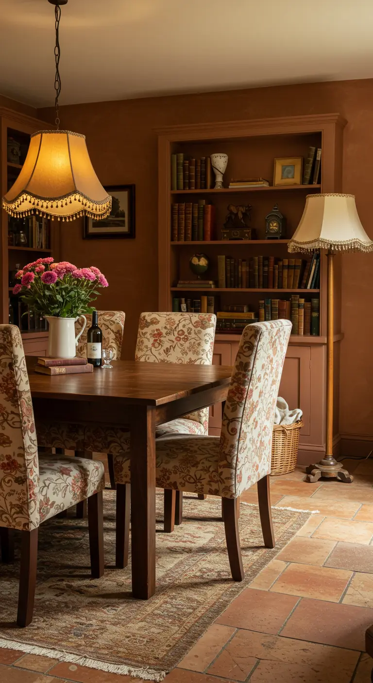 Gezellige eetkamer met boekenkast, houten tafel en stoelen met bloemenstof in warme tinten.