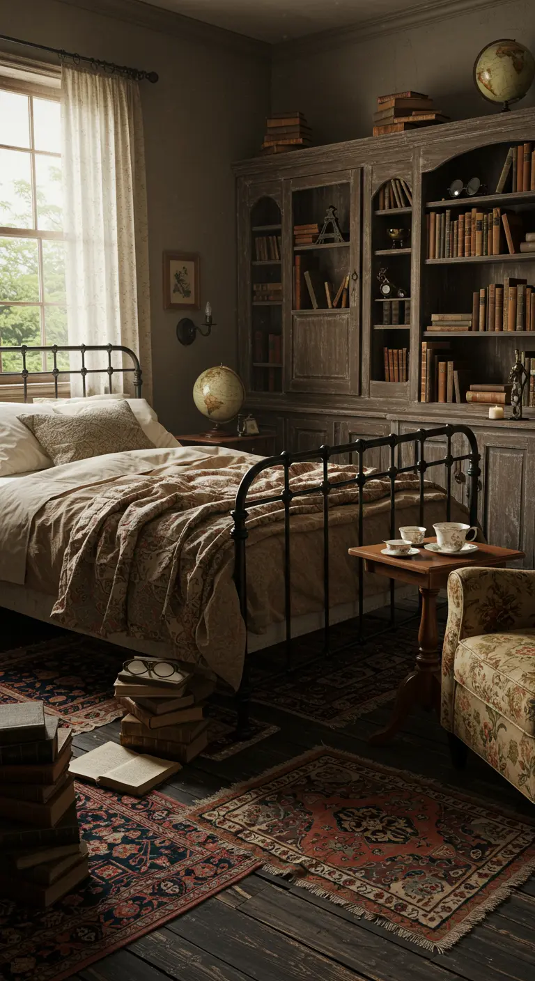 Slaapkamer met ingebouwde boekenkast, donker metalen bed en vintage globes.