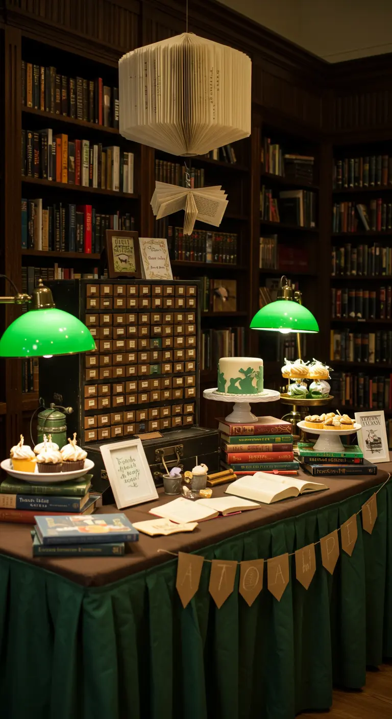Buffettafel in bibliotheekthema, met taart op stapels boeken en een lamp van een boek.